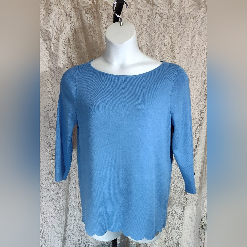 Talbots Blue Crew Neck Sweater with 3/4 Sleeves Cut Scalloped Hem NWOT